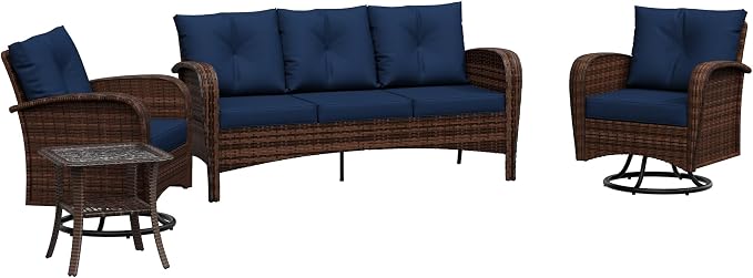 4 Pieces Patio Set, 73" Rattan Loveseat Sofa, Coffee Table, Wicker Swivel Glider Chairs, Cushion with Water Resistant Cover, Outdoor Conversation Furniture, Couch for Sunroom (Navy Blue)