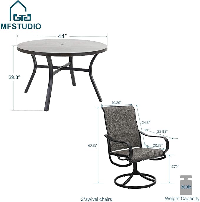 MFSTUDIO Outdoor Dining Set for 6, Round Patio Table and Chairs with Umbrella Hole, 7 Piece Patio Furniture Set with Swivel Chairs for Deck Backyard Garden