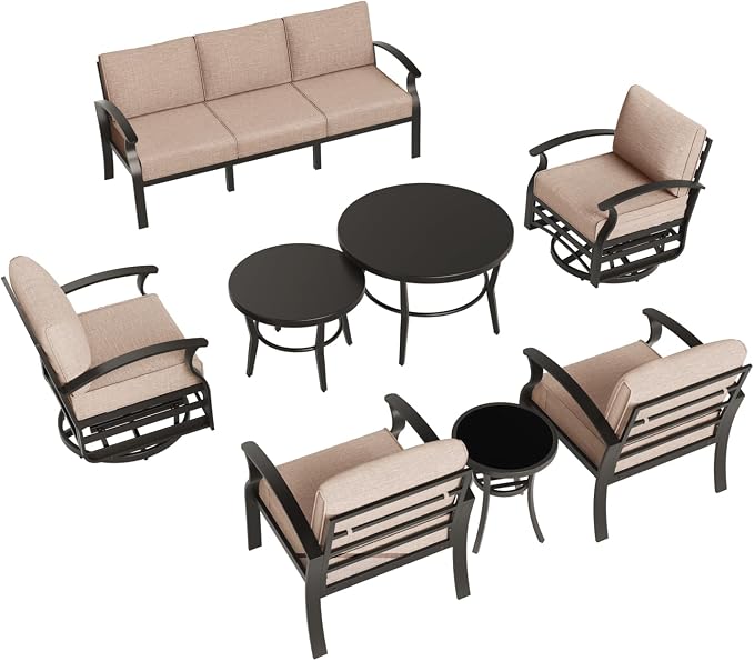 Aluminum Patio Furniture Set,7 Seats Outdoor Sectional with 2 Round Coffee Tables,Patio Conversation Sets w/5.1" Upgraded Thick Cushions for Backyard, Garden and Poolside,Sand