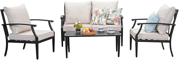 4-Piece Patio Furniture Set, Wider Outdoor Metal Seating Sofa with High Back & Loveseat, Coffee Table, All Weather Metal Conversation Set for Backyard, Poolside, Deck-Beige