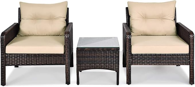 Tangkula 3 Piece Outdoor Patio Furniture Set for 2, Wicker Chairs with Glass Top Coffee Table, Thick Cushions, All Weather Garden Lawn Poolside Backyard Porch (Brown)