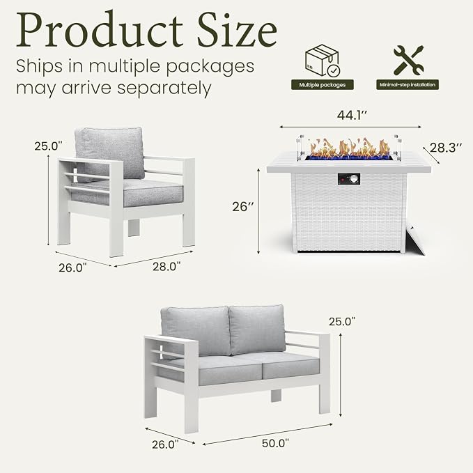 LayinSun Outdoor Aluminum Furniture Set, 4 Pieces Patio Sectional Conversation Chat Sofa Modern Seating Set with Coffee Table