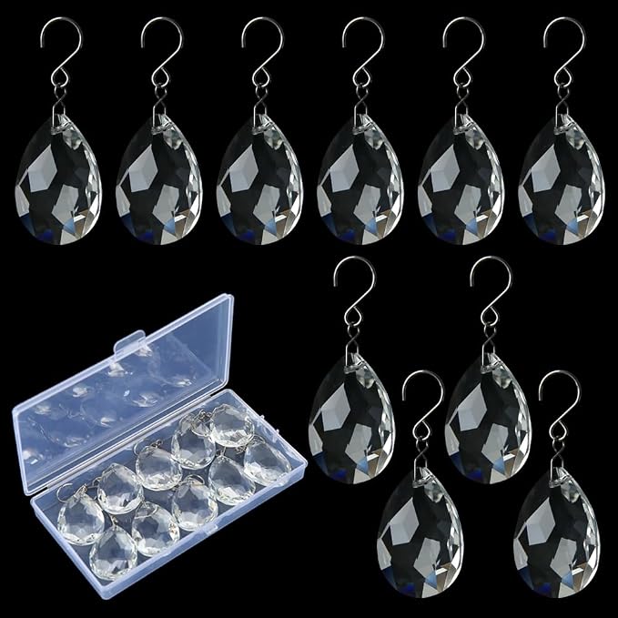 10pcs 38mm Crystal Suncatcher, Hanging Clear Teardrops Crystals | Chandelier Parts Prisms Pendants with Hook for Windows Lamp Christmas Tree Decorations Home Decor