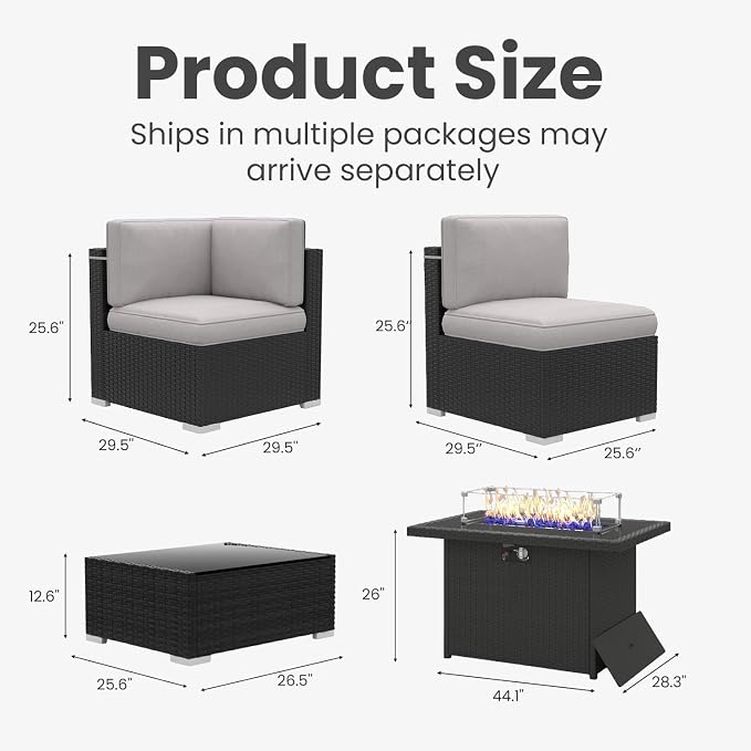 10 Pieces Patio Furniture Set with 44" Propane Gas Fire Pit Table, Outdoor Sectional Wicker Conversation Sofa Sets with Coffee Table