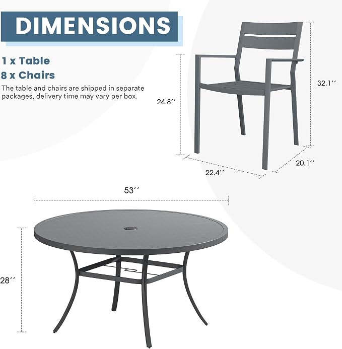 DIFY 9 Piece Outdoor Patio Dining Set for 8, Patio Table and Chairs Set with Umbrella Hole, 53" Round Dining Table and Stackable Metal Chairs for Backyard Garden Poolside, Grey