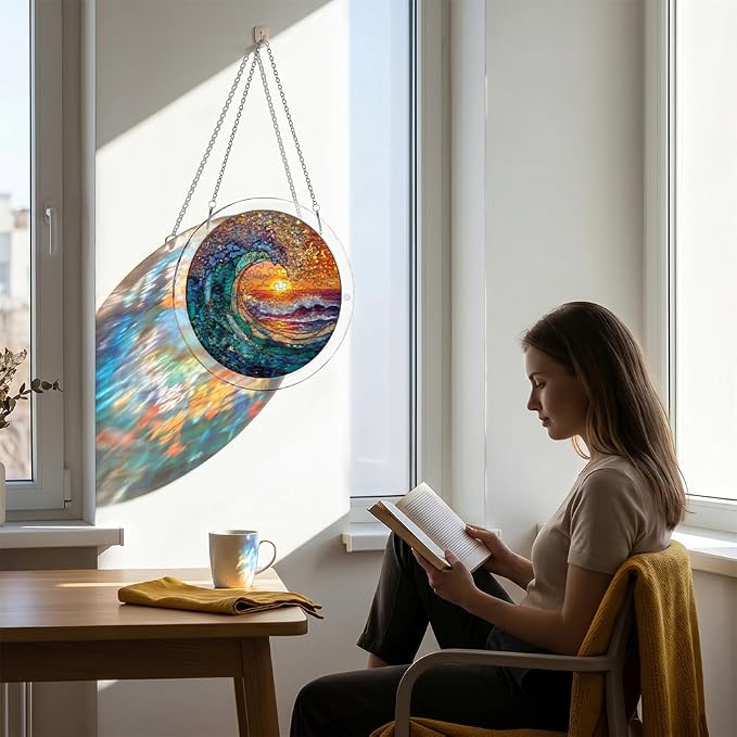 Acrylic Puzzle Suncatcher, Ocean and Sun Stained Glass Window Hanging, Sun Catcher Puzzle Kit Home Garden Decor, Creative Mothers Day and Birthdays Gifts for Mom, Wife, Sisters, 7.87 inch