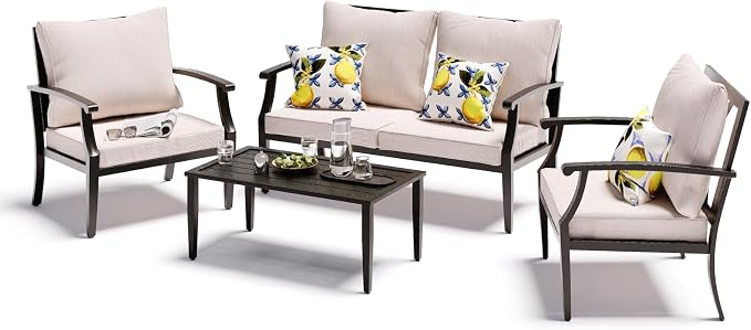 JOYURE 4 Pieces Patio Furniture Set w/loveseat,Coffe Table,Outdoor Conversation Metal Sofa with High Back and Thick Cushion,for Backyard,Garden,Beige