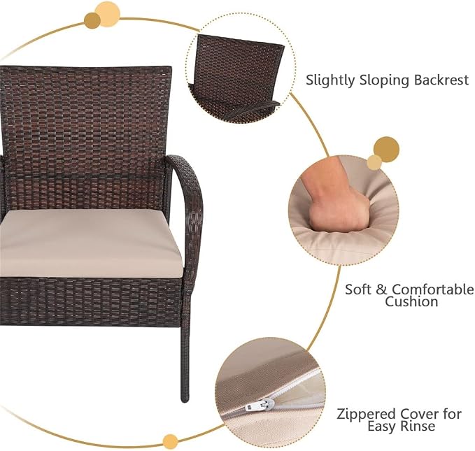 4PCS Patio Rattan Furniture Set Outdoor Conversation Coffee Table W/Cushions Single Chair