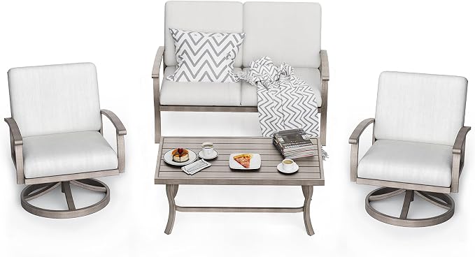 HAPPATIO 4 Piece Aluminum Patio Furniture Set, 4-Person Outdoor Swivel Chairs and Loveseat, All-Weather Outdoor Sectional Sofa with Comfortable Cushions and Coffee Table(Gray)
