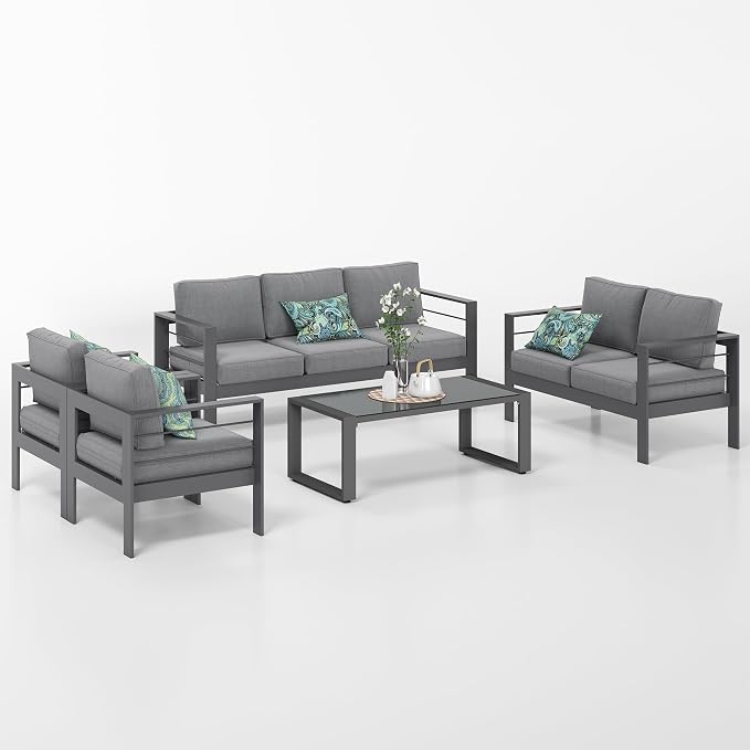 Solaste Aluminum Patio Furniture Set,5 Pieces Modern Outdoor Conversation Set Sectional Sofa with Upgrade Cushion and Tempered Glass Table top Coffee Table,Grey