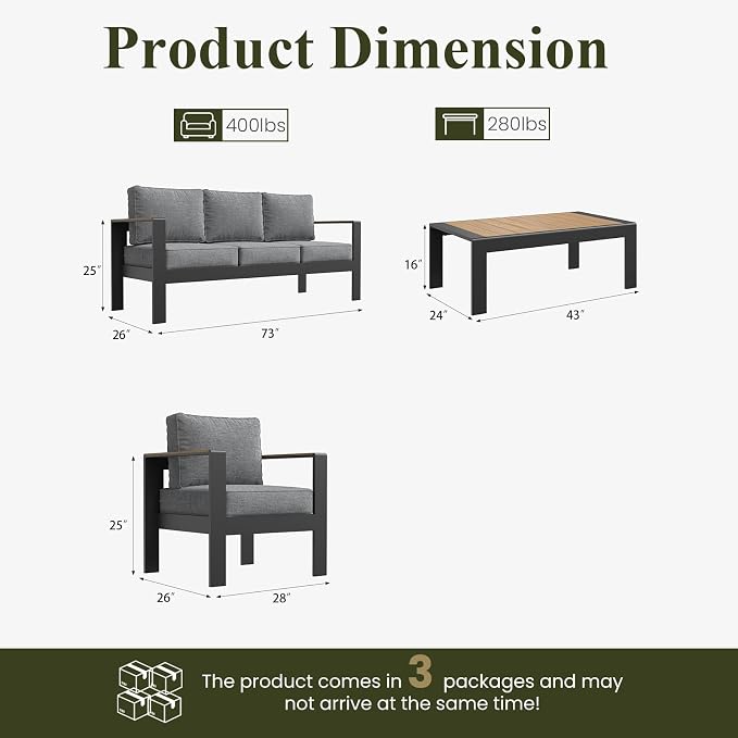 LayinSun 4 Piece Aluminum Outdoor Furniture Set with Coffee Table, Outside Patio Deep Seating Conversation Set with Upgraded Washable Thick Cushion