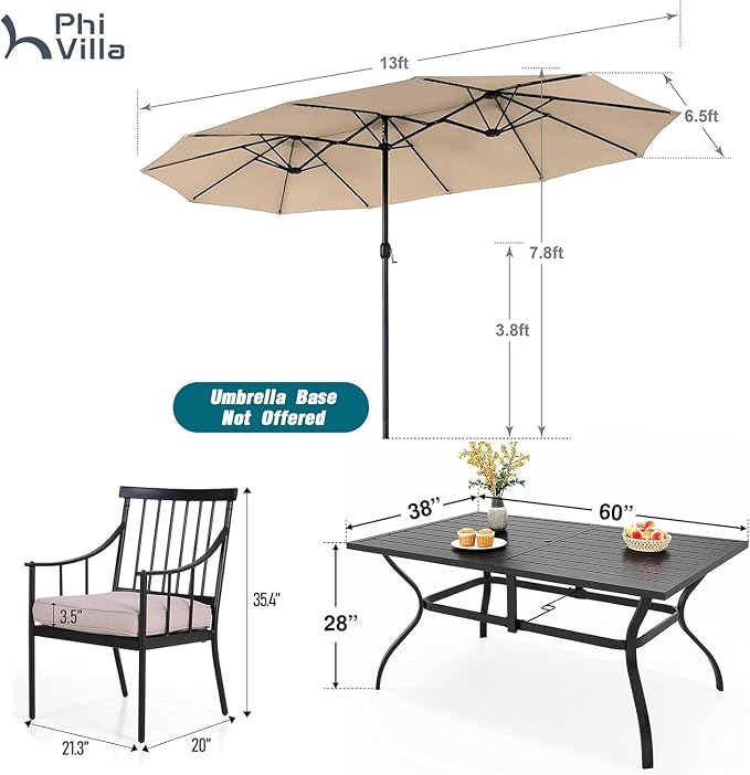 PHI VILLA 7 Piece Patio Dining Set, Rectangular Metal Table | Metal chairs, Fixed Chair, 13ft Large Beige Umbrella, 1.57" umbrella hole, Cushions, powder-coated