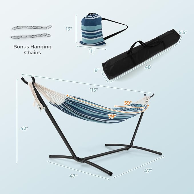 Giantex Hammock with Stand for Outside, 2-Person Double Hammock with Space Saving Metal Stand, Carrying Cases, Brazilian-Style Portable Hammock for Patio Garden Camping Lounging Outdoor & Indoor, Blue