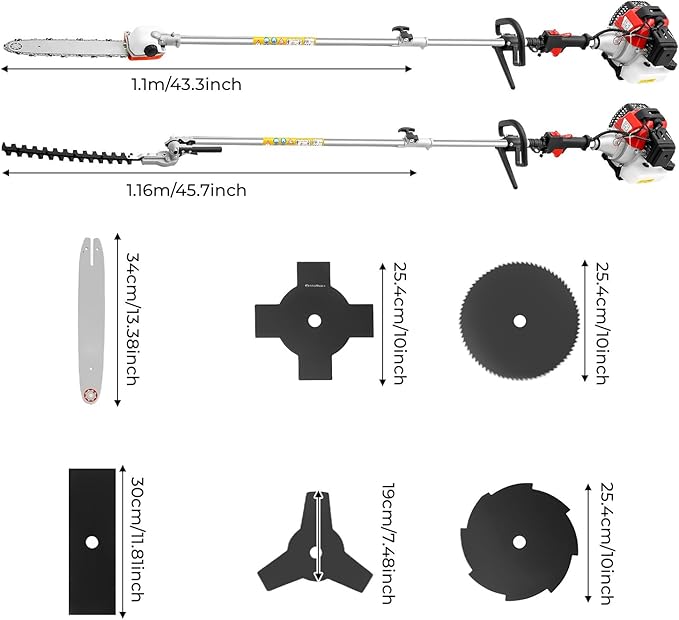52cc Weed Wacker Gas Powered, Weed Eater, String Trimmer, Edger, Pole Saw Chainsaw,7-in-1 Attachment with Aluminum Shaft, 1000ml Fuel Tank for Weeding, Landscaping & Farm Maintenance