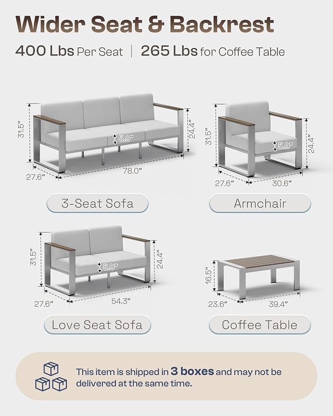 Outdoor Patio Furniture Set, 5 Seats Aluminum Patio Conversation Sets with Ergonomic Seat and Wide Washable Thick Cushions, Modern Outdoor Sectional Furniture for Balcony, Porch