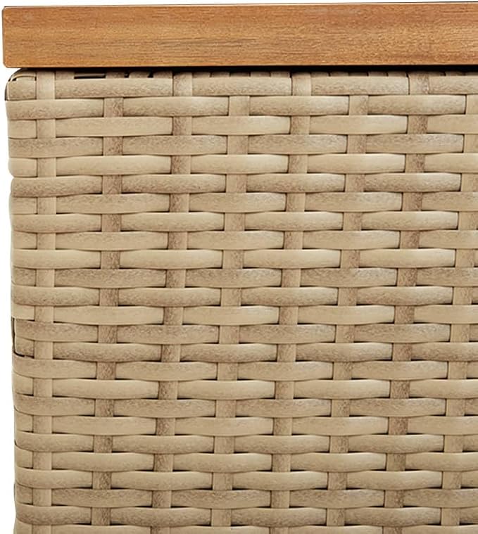 Patio Storage Box with Removable Water-Resistant Bag, Beige Outdoor Furniture Bench 43.3"x19.7"x21.3" PE Rattan & Acacia Wood Dual-Purpose Deck Box for Garden Poolside Storage