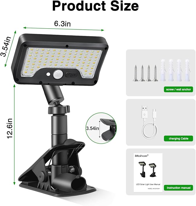 iMaihom Clip On Solar Lights Outdoor with Motion Sensor, 92 LED 600LM Solar Fence Lights, Warm/Neutral/Cool White, 360° Adjustable, IP65 Waterproof Security Light for Deck, Gutter, Porch (2, Black)