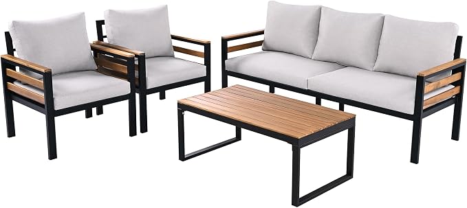VilroCaz 4-Piece Outdoor Patio Furniture Sectional Sofa Set with Acacia Wood Armrests, All-Weather Conversation Set with Removable Cushion and Solid Wood Coffee Table for Garden Backyard (Beige-TH)