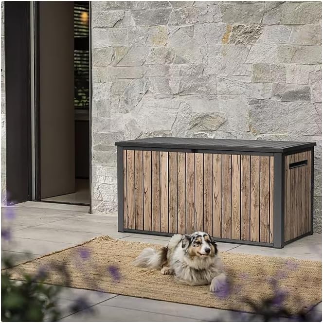 Stylish Indoor/Outdoor Storage Deck Box,Resin,Large Capacity, Weather-Resistant, Lockable lid and Side handles. (Rust Wood Brown, 170 Gallon)