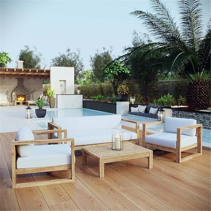 Pemberly Row 4-Piece Patio Sofa Set, Solid Teak Wood, Natural Finish, White Cushions, Includes Sofa, 2 Armchairs, Coffee Table, Modern Outdoor Furniture for Balcony, Backyard, Poolside, or Garden