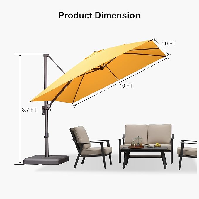 PURPLE LEAF 10' X 10' Patio Cantilever Umbrella with Base Included Antique Bronze Square Outdoor Umbrella with 360° Rotation and Aluminum Offset Hanging for Garden Backyard Pool, Yellow
