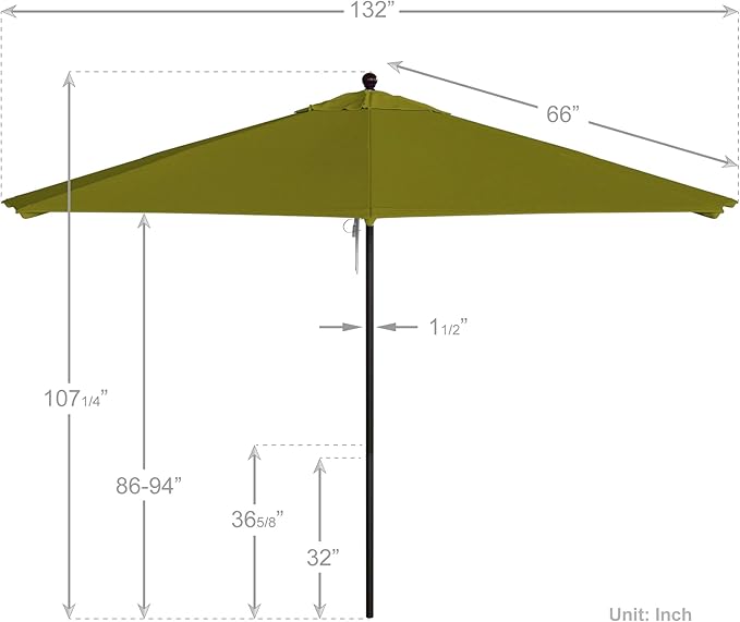 California Umbrella 11Ft Commercial Grade Market Umbrella, Pulley Lift, Aluminum/Fiberglass, 2mm pole wall, Bronze Frame, Solution Dyed Kiwi Fabric