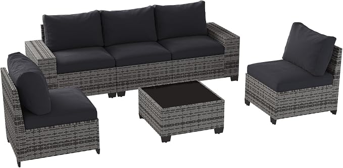 Aoxun Patio Furniture Set, 6 Pcs Outdoor Patio Furniture Sets with 4in Thicken Cushion, Widen Armrests Wicker Outdoor Sectional for Backyard