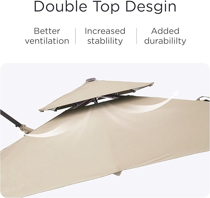 9' X 12' Patio Umbrella with Weighted Base and LED Lights Outdoor Cantilever Large Rectangle Offset Umbrellas Heavy Duty Aluminum Double Top with 360-degree Rotation for Pool Garden Deck, Beige