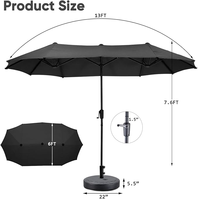 Ainfox 13ft Rectangle Patio Umbrella with Base, Double-Sided Twin Outdoor Market Umbrella with Crank & 1.5" Pole, Black