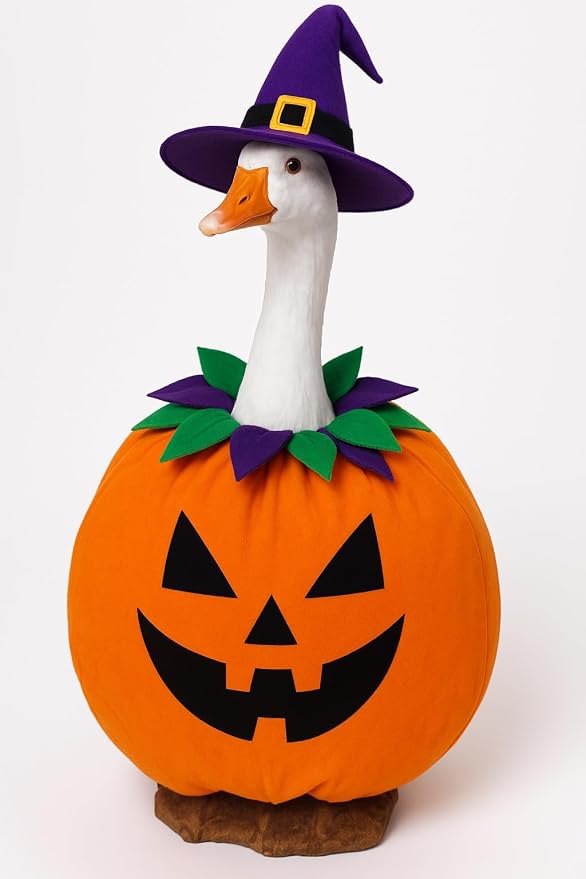 Halloween Porch Goose Outfit Pumpkin Goose Costume for Outdoor Decor | 23'' Plastic/Cement Statues, Patio Lawn Yard Party Decorations