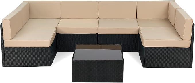 AECOJOY 7 Piece Outdoor Patio Furniture Set, Outdoor Sectional Conversation Furniture Chair with Coffee Table,Patio Sectional for Garden,Backyard(Khaki Cushions and Black PE Rattan)