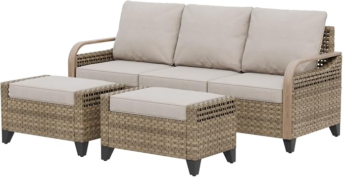 EAGLE PEAK Modern Wicker Outdoor Patio Furniture Set, Patio Conversation Set, a 3-Seat Loveseat and 2 Ottomans, 3 Pieces, Brown/Gray