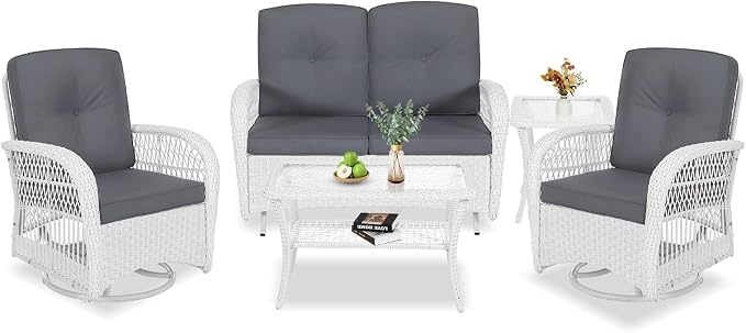 VIVIJASON 5-Piece Outdoor Patio White Wicker Conversation Sets, All Weather Outdoor Rattan Furniture Set Includes Glider Loveseat, 2 Coffee Table, 2 Swivel-Gliders Chairs with Cushions, Grey