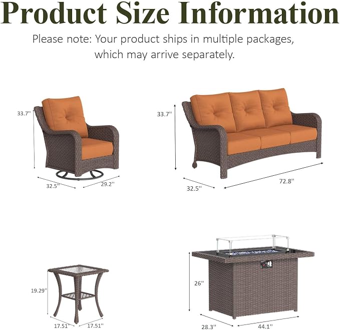 LayinSun 5 Piece Wicker Outdoor Furniture Set with 6-inch Comfy Cushions, High Back Patio Furniture Set with Swivel Rocking Chairs and Fire Pit Table
