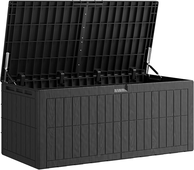 Outdoor Storage Box, 220 Gallon Lockable Resin Large Deck Box, Large Storage for Patio Furniture, Toys, Garden Tools, Sports Equipment, Black