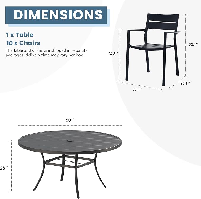 DIFY 11 Piece Outdoor Patio Dining Set for 10, Patio Table and Chairs Set with Umbrella Hole, 60" Round Dining Table and Stackable Metal Chairs for Backyard Garden Poolside, Black