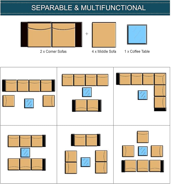 7 Pieces Outdoor Patio Furniture Sets,Wicker Conversation Set Sectional Sofa,Includes 6 All-Weather High Back PE Rattan Seating Components w/Thickened Cushions&Coffee Table,Navy