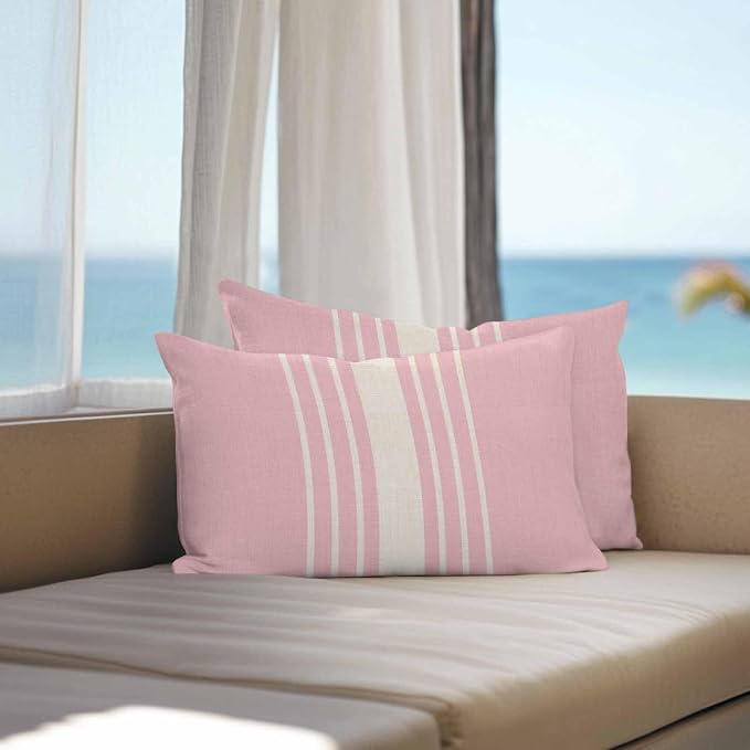 Vandarllin Outdoor Throw Pillows Covers 20x12 inch Set of 2 Waterproof Pink Vertical Stripes Decorative Zippered Cushion Covers for Patio Furniture, Classic Striped Linen Lumbar Pillowcases