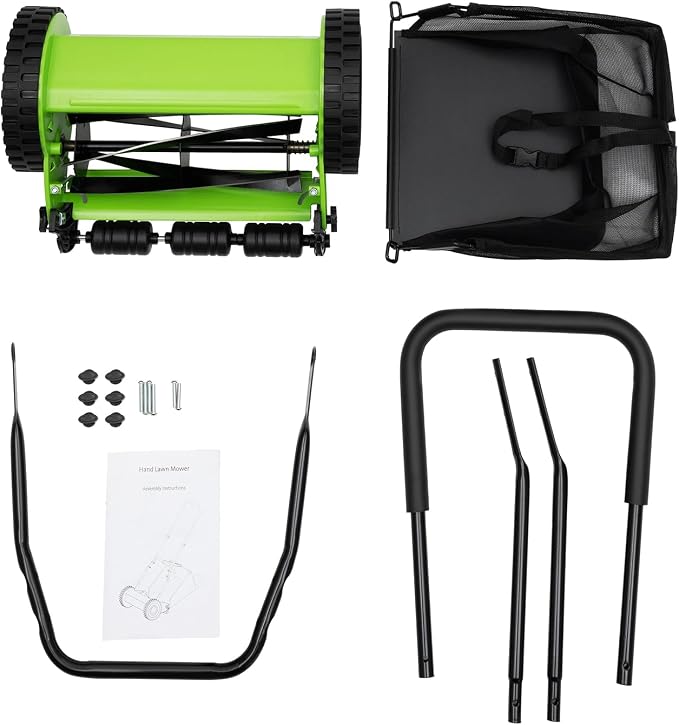 Push Reel Lawn Mower, 12inch 5 Blades Manual Push Mower Walk-Behind Lawn Mowers with 0.67-1.3inch Adjustable Cutting Height, Grass Catcher Bag for Green Lawns Driveways Courtyards Sidewalks