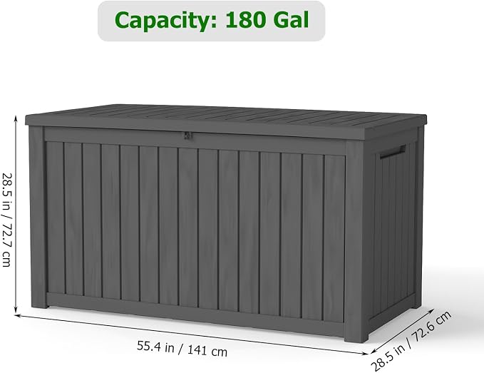 180 Gallon Outdoor Storage Box, Resin Deck Box Lockable Waterproof for Patio Furniture Cushions, Garden Tools, UV Resistant Outside Storage Bin(Black)