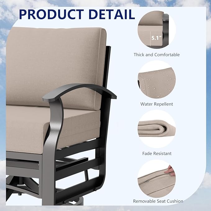 Aluminum Outdoor Patio Furniture Set,5 Seats Patio Conversation Sets with 45" Propane Fire Pit Table 2 Ottomans,Metal Furniture Set with 2 Swivel Rocking Chairs,Sand