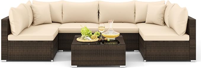 Tangkula 7 Pieces Wicker Patio Furniture Set, All-Weather Outdoor Rattan Sectional Sofa Set with Cushions & Tempered Glass Coffee Table, Outside Sofa Set for Garden, Lawn, Deck, Backyard