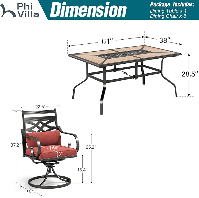 PHI VILLA 7 Pieces Outdoor Dining Set for 6, 61" Rectangle Metal Table with Umbrella Hole & Wrought Iron Swivel Chairs, Patio Furniture with Red Cushions & Pillows for Deck, Porch, Backyard