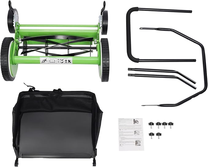16-Inch 5-Blade Push Reel Lawn Mower, Walk Behind Manual Push Mower Adjustment Height and Removable Grass Catcher, Adjustable Cutting Height, Cordless Grass Cutter for Yard, Garden