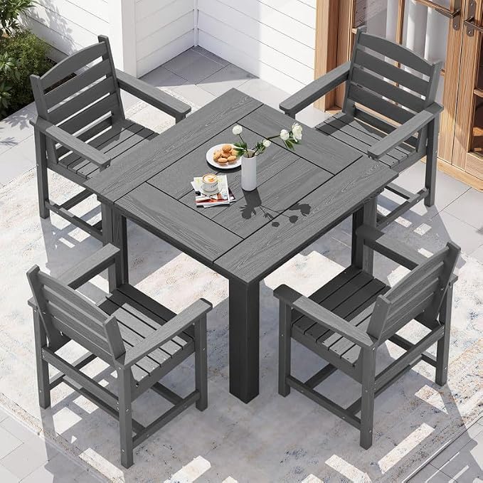 KINGYES 8-Piece HDPE Outdoor Dining Set for 6, Square Patio Table & Armchairs with Umbrella Hole, All-Weather Patio Dining Set for Backyard, Garden, Lawn & Poolside, Gray