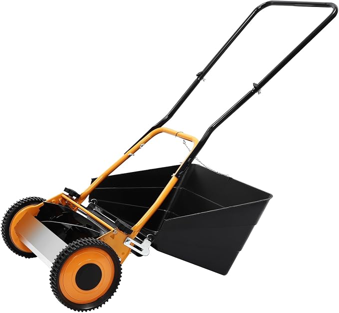 Reel Lawn Mower, 2-in-1 16-Inch 5-Blade Push Lawn Mower w/Grass Collecting Box, 0.47-1.65 inches Adjustable Cutting Height Manual Lawn Mower (16 Inch)
