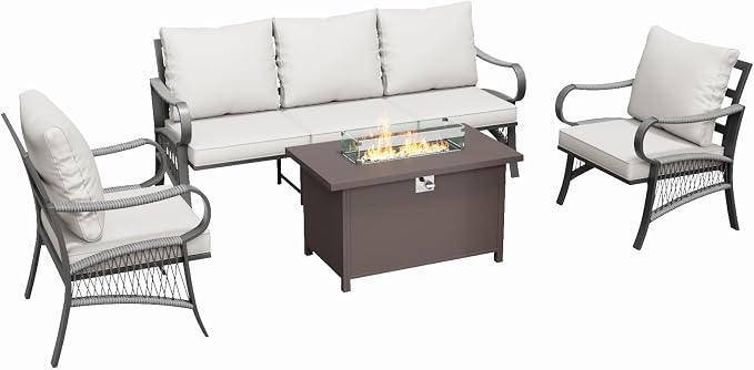 4 Piece Patio Furniture Set with 50000 BTU Propane Fire Pit Table, All Weather Metal Outdoor Conversation Sofa Set with Thick Cushions for Garden, Porch, Lawn, Beige