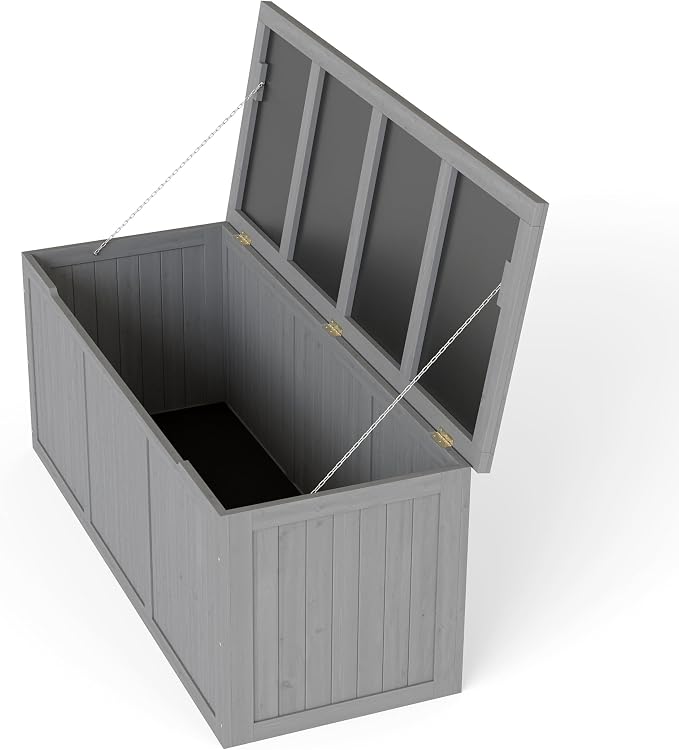 Domesto 112 Gallon Extra-Large Outdoor Deck Box, Solid Wood Storage Box Seat & Table Top, For Patio Cushions, Pool, Garden Tools (Grey, 112 Gallon)