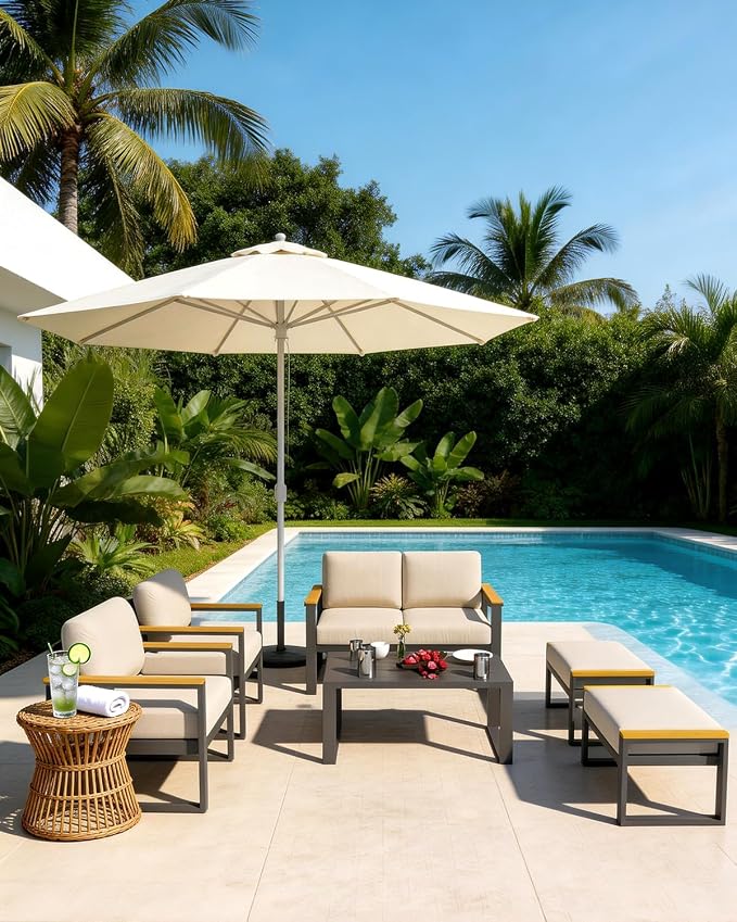 Aluminum Patio Ottoman Set of 2 - Outdoor Footstools with Cushions - Small Metal Garden Chairs - Ideal for Balcony, Deck, Backyard - Outdoor Furniture, Beige