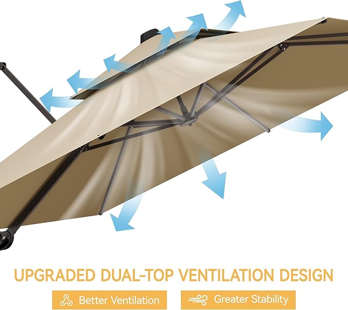 10x10 FT Patio Umbrella, Large Cantilever Double Top Heavy Duty Offset Umbrellas with 360° Rotation, Outdoor shade for Garden Deck Pool, Beige